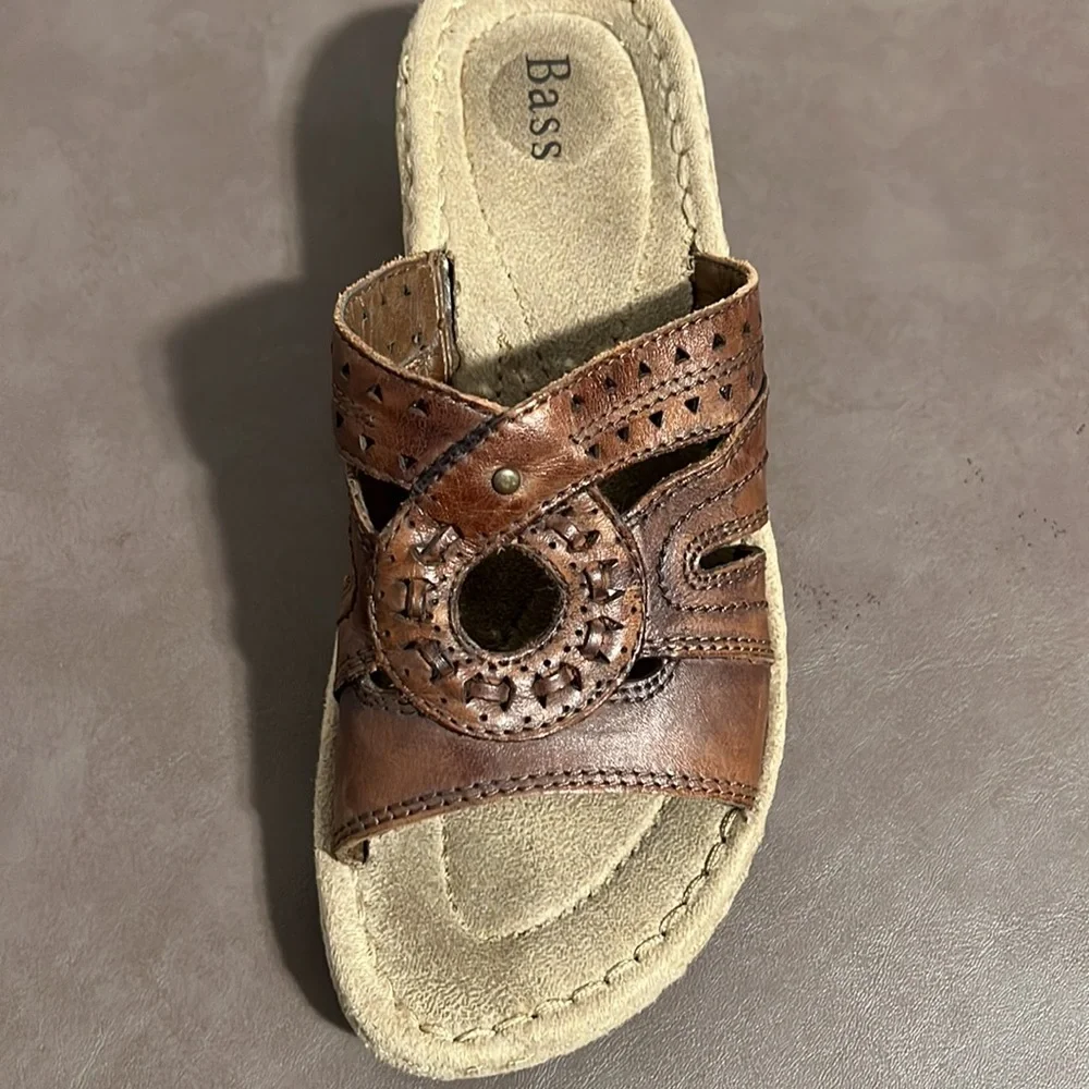 Bass Goldie Leather Wedge Sandal Womens 6M Brown Open Toe Slip on